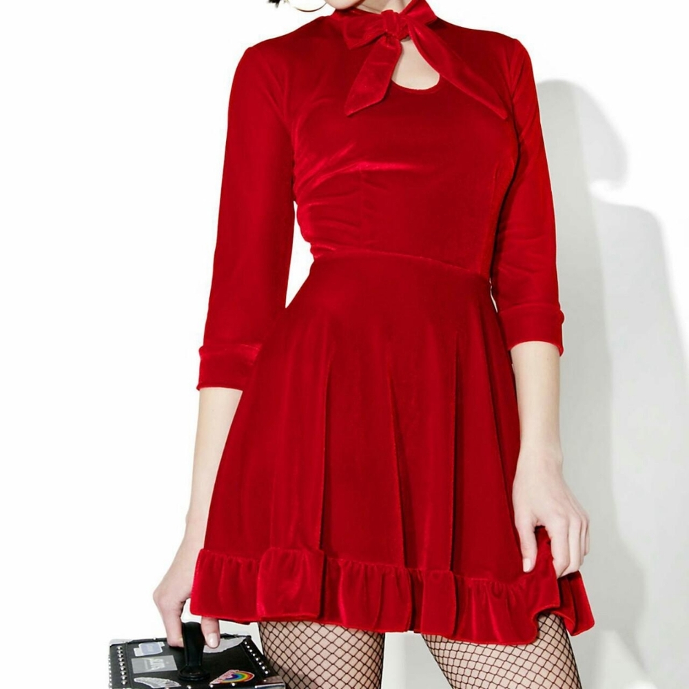 Valfre Red Velvet Bow Mini Dress, Size L